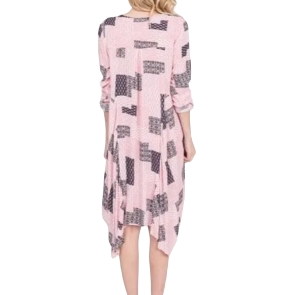 Boutique Patchwork Asymmetrical Midi Dress Pink Bohemian Print Gauze V-Neck - Picture 2 of 6